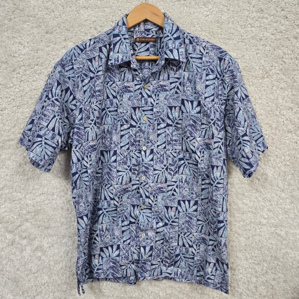 Tori Richard Hawaiian Shirt Mens Medium Blue Cotton Lawn Leaf Print Aloha Resort